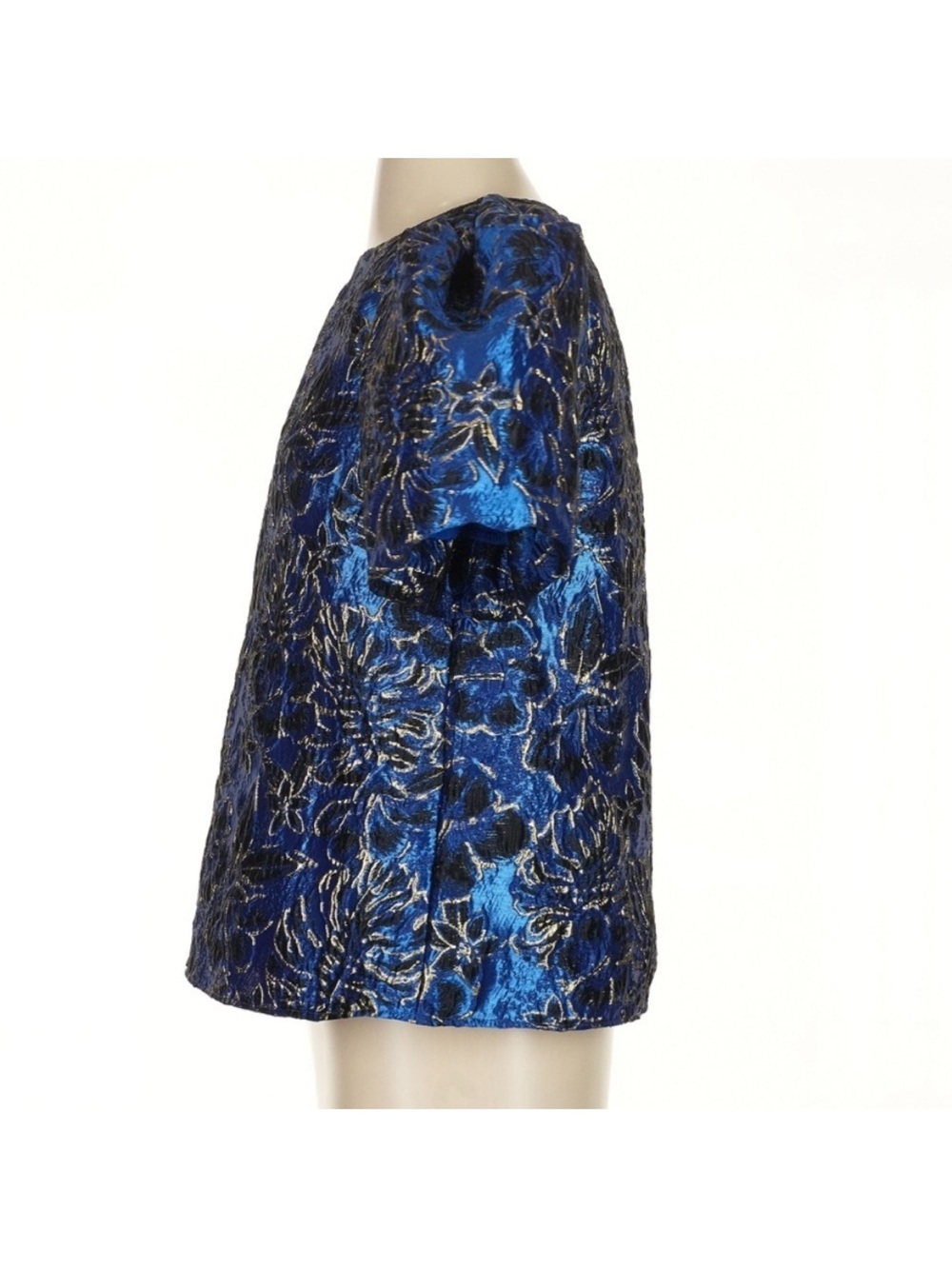 Lilly Pulitzer Pratt Brocade Top Blue Grotto Twilight Floral Gold Puff Sleeve S - Picture 4 of 5